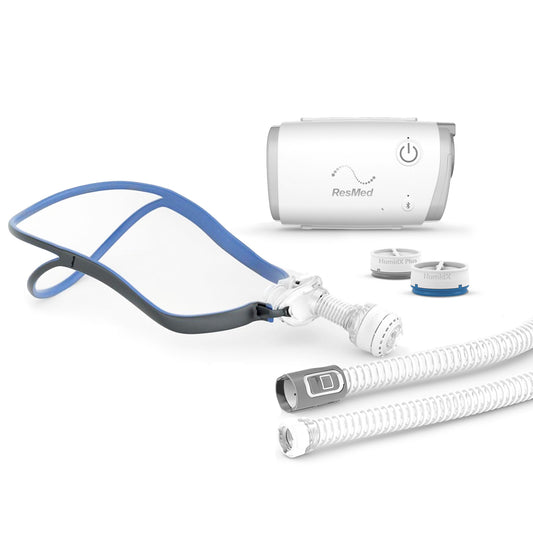 ResMed AirMini™ Bundle that includes the AirMini cpap machine, AirMini™ Compatible Flexible Tubing, AirMini Connector, and an AirFit P10 Nasal Pillow Mask