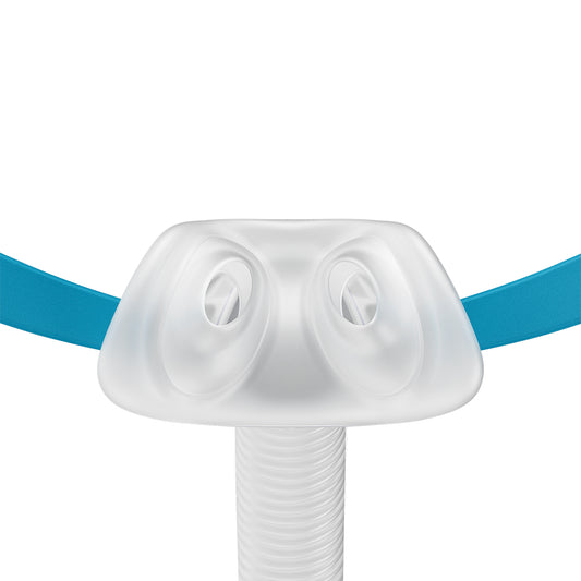 Fisher and Paykel Nova nasal pillow cushion with twin nasal openings, blue headgear straps, and attached CPAP tubing on a white background