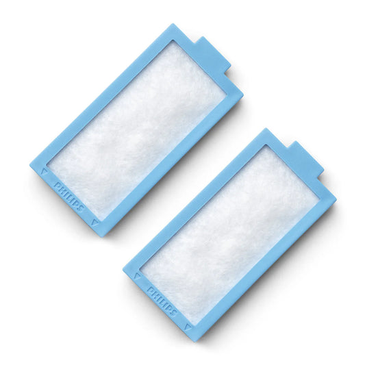 Two Philips Respironics ultra fine replacement filters for DreamStation 2 CPAP and BiPAP machines, shown with blue frames and white filter material