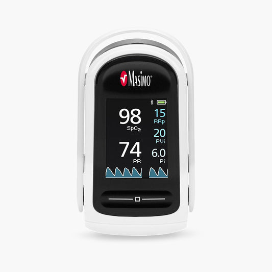MightySat™ Fingertip Pulse Oximeter with Bluetooth on grey background.