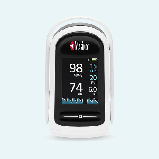 MightySat™ Fingertip Pulse Oximeter with Bluetooth on light blue background.