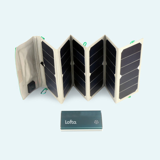 Medistrom 50W Solar Charging Panel for Pilot-24 Lite Battery Pack on light blue background.