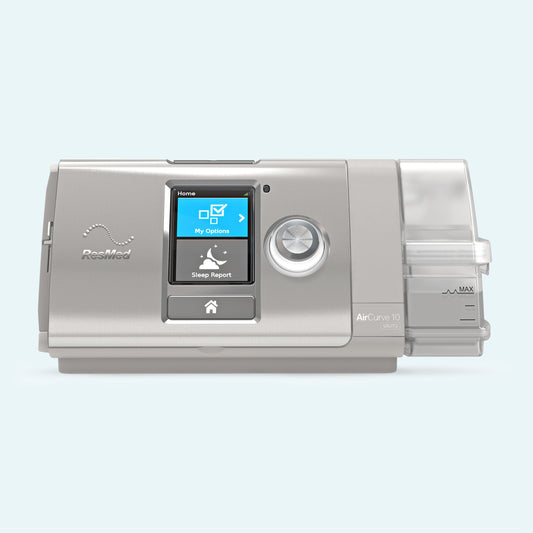 ResMed AirCurve™ 10 VAuto BiLevel CPAP Machine on light blue background.