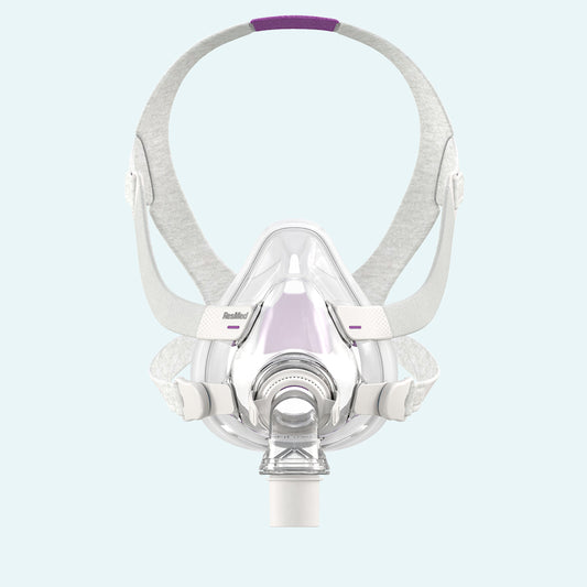 ResMed AirFit™ F20 for Her Full CPAP Mask Complete System on light blue background.