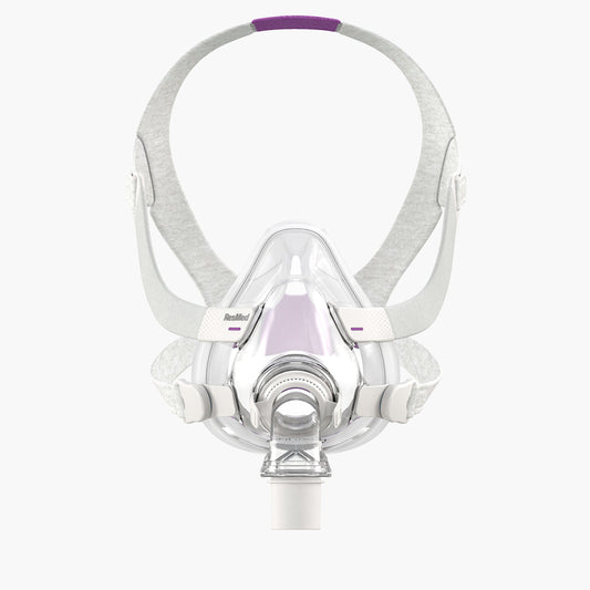 ResMed AirFit™ F20 for Her Full CPAP Mask Complete System on grey background.