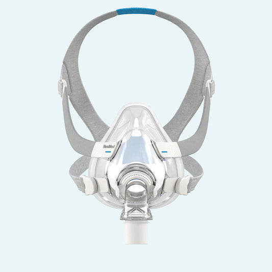 ResMed AirFit™ F20 Full Face CPAP Mask - Complete System on light blue background.