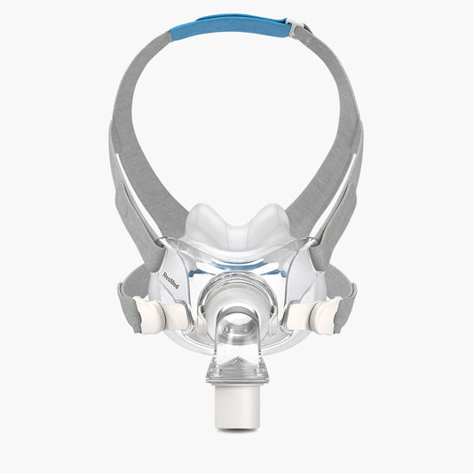ResMed AirFit™ F30 Full Face Hybrid CPAP Mask - Complete System with Airmini Setup Pack on grey background.