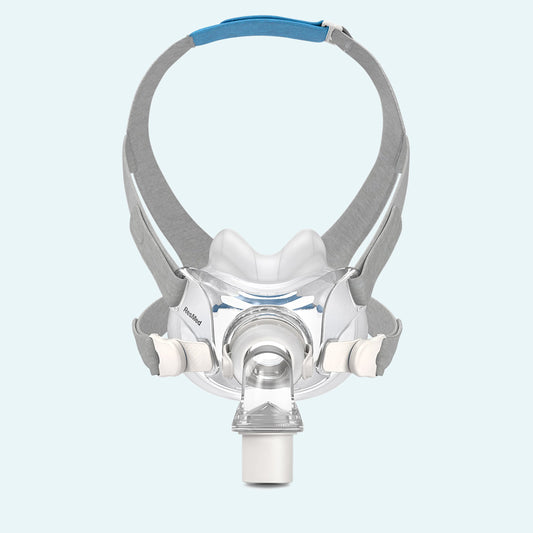 ResMed AirFit™ F30 Full Face Hybrid CPAP Mask - Complete System with Airmini Setup Pack on light blue background.