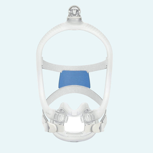 ResMed AirFit F30i Full Face CPAP Mask on light blue background.