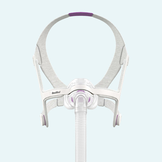 ResMed AirFit™ N20 for Her Nasal Cushion CPAP Mask Complete System on light blue background.