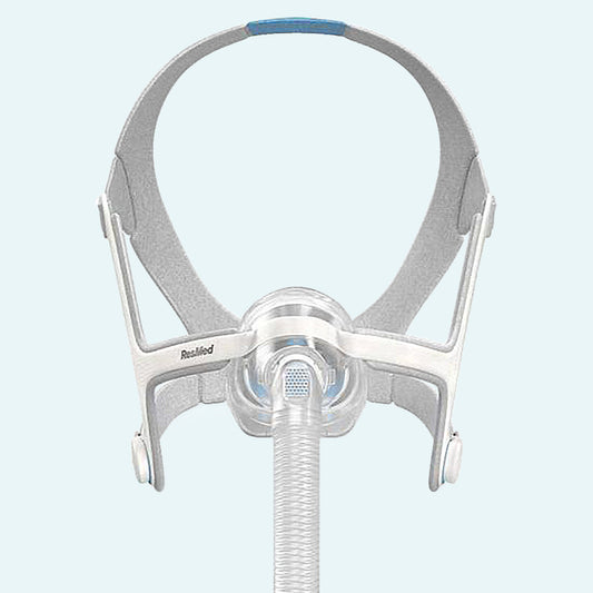 ResMed AirTouch™ N20 Memory Foam Nasal Cushion CPAP Mask Complete System on light blue background.