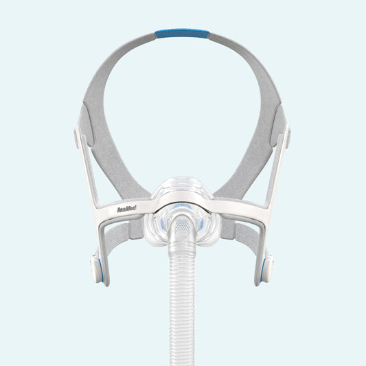 ResMed AirFit™ N20 Nasal Cushion CPAP Mask Complete System on light blue background.