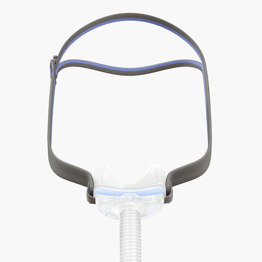 ResMed AirFit™ N30 Nasal Cushion CPAP Mask Complete System on grey background.