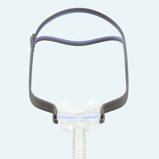 ResMed AirFit™ N30 Nasal Cushion CPAP Mask Complete System on light blue background.