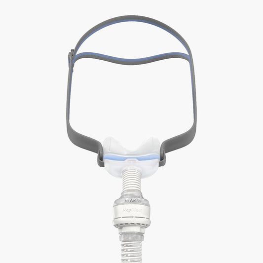 ResMed AirFit™ N30 Nasal CPAP Mask Complete System with AirMini™ Setup Pack on grey background.