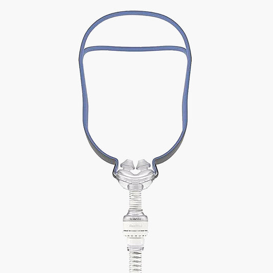ResMed AirFit™ P10 Nasal Pillow CPAP Mask Complete System with AirMini™ Setup Pack on grey background.