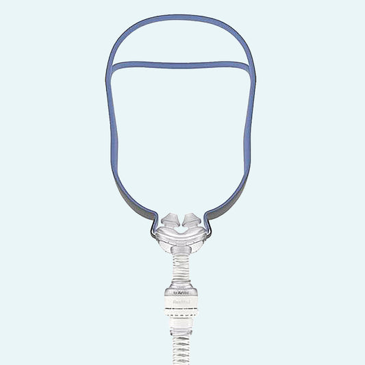 ResMed AirFit™ P10 Nasal Pillow CPAP Mask Complete System with AirMini™ Setup Pack on light blue background.