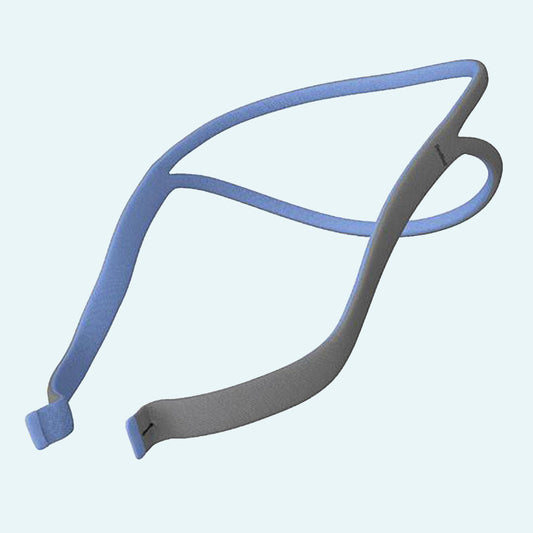 ResMed AirFit™ P10 Nasal Pillow CPAP Mask Headgear on light blue background.