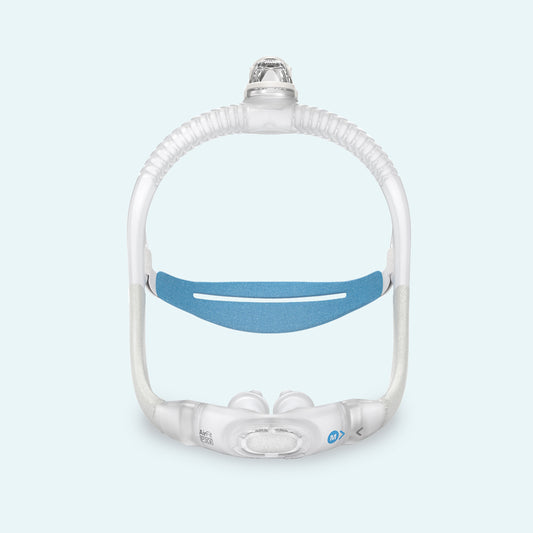 ResMed AirFit™ P30i Nasal Pillow CPAP Mask Complete System on light blue background.