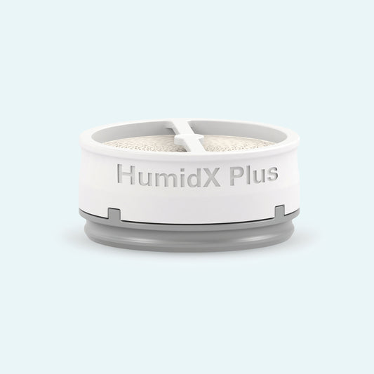 ResMed AirMini™ Travel CPAP HumidX™ Plus Waterless Humidifier Cartridges on light blue background.