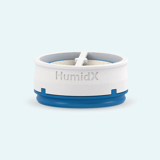ResMed AirMini™ Travel CPAP HumidX™ Waterless Humidifier Cartridges on light blue background.