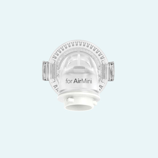 ResMed AirMini™ Travel CPAP Mask Connector for AirFit™/AirTouch™ F20 and F30 Full Masks on light blue background.