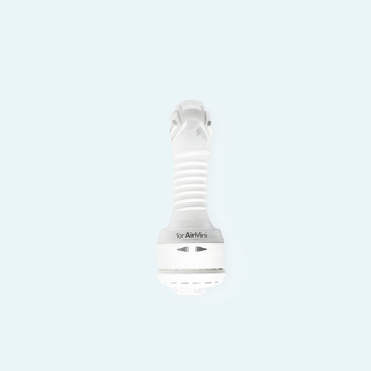 ResMed AirMini™ Travel CPAP Mask Connector for AirFit™ N20 Nasal Mask on light blue background.