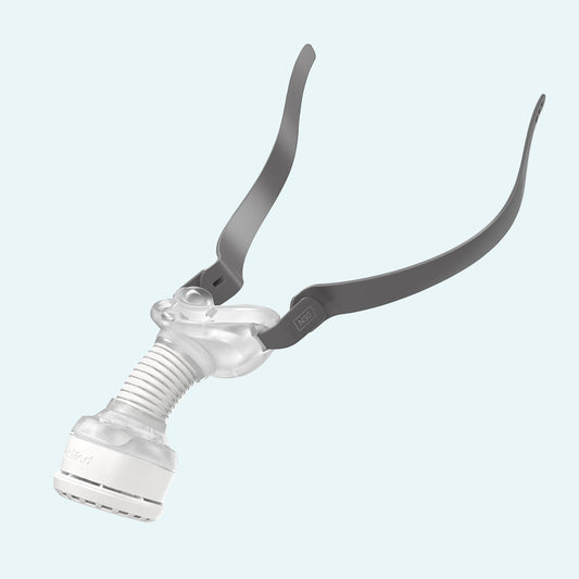 ResMed AirMini™ Travel CPAP Mask Connector for AirFit™ N30 Nasal Mask on light blue background.