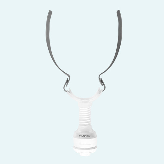 ResMed AirMini™ Travel CPAP Mask Connector for AirFit™ P10 Nasal Pillow Mask on light blue background.