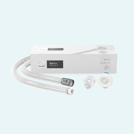 ResMed AirMini™ Travel CPAP Setup Pack for AirFit™ F20 Full Mask on light blue background.