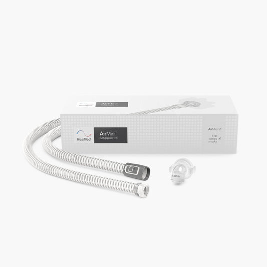 ResMed AirMini™ Travel CPAP Setup Pack for AirFit™ F30 Hybrid Mask on grey background.
