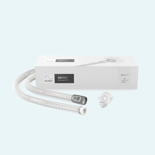 ResMed AirMini™ Travel CPAP Setup Pack for AirFit™ F30 Hybrid Mask on light blue background.