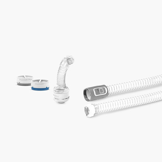 ResMed AirFit™ N20 Nasal Mask Setup Pack for AirMini™ Travel CPAP on grey background.