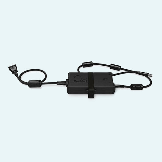 AirSense™ 10 and AirCurve™ 10 CPAP 90W AC Power Supply on light blue background.