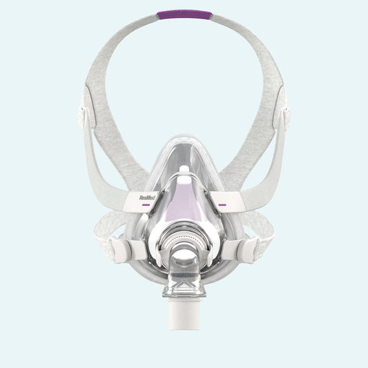 ResMed AirTouch™ Memory Foam F20 for Her Full CPAP Mask Complete System on light blue background.