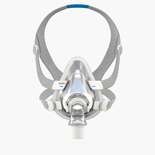 ResMed AirTouch™ F20 Full Face CPAP Mask - Complete System on grey background.