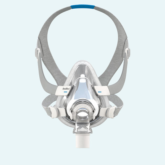 ResMed AirTouch™ F20 Full Face CPAP Mask - Complete System on light blue background.