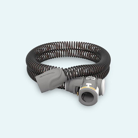 ResMed ClimateLineAir™ Heated Tubing for AirSense™ 10 and AirCurve™ 10 CPAP Machines on light blue background.