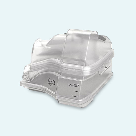 ResMed HumidAir™ Humidification Water Chamber for AirSense™ 10 and AirCurve™ 10 CPAP Machines on light blue background.