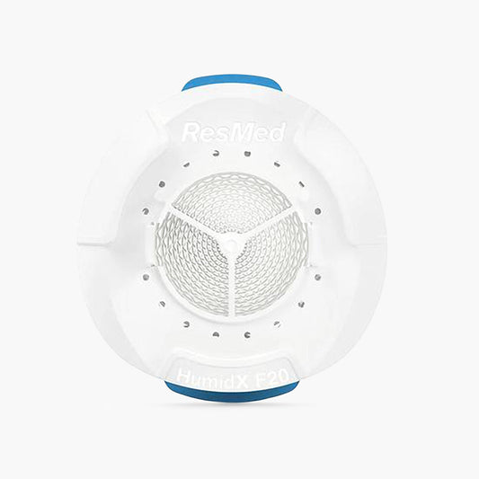 ResMed HumidX™ F20 Waterless Humidifier Cartridges for F20 CPAP Mask on grey background.