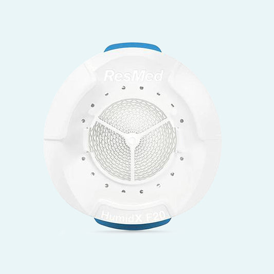 ResMed HumidX™ F20 Waterless Humidifier Cartridges for F20 CPAP Mask on light blue background.