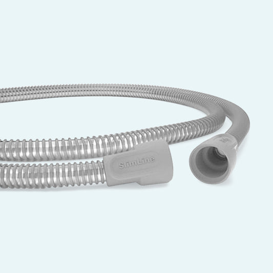 ResMed SlimLine™ Tubing for AirSense™, AirCurve™ and  S9™ CPAP Machines on light blue background.