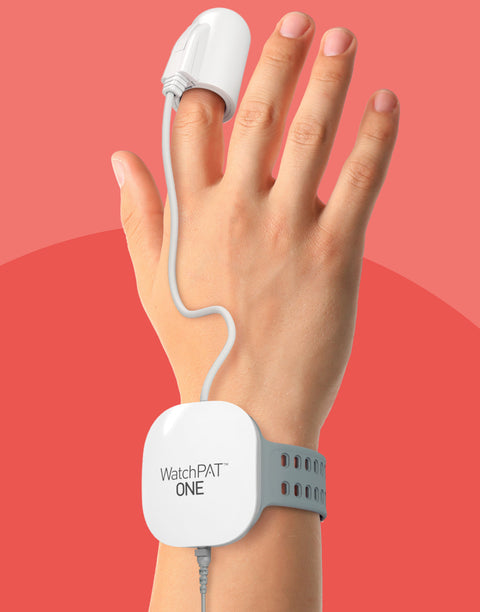 Closeup of a hand and wrist wearing the Lofta home sleep test.