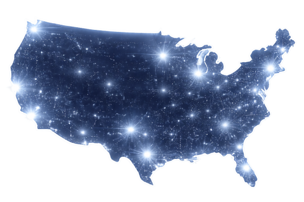 US map with coverage lights
